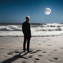 An older man standing on a sandy beach under a quarter moon