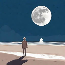 An older man standing on a sandy beach under a quarter moon