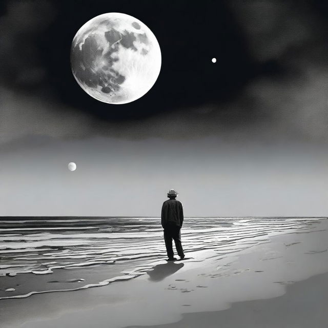 An older man standing on a sandy beach under a quarter moon