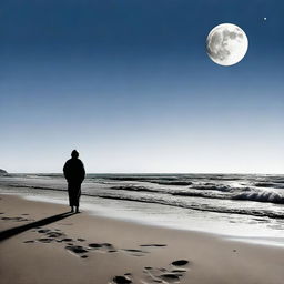 An older man standing on a sandy beach under a quarter moon