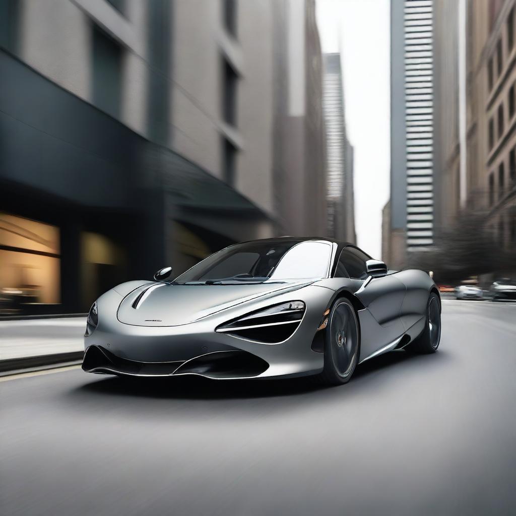 A sleek, gray matte supercar resembling a McLaren 720S