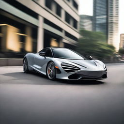 A sleek, gray matte supercar resembling a McLaren 720S