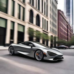 A sleek, gray matte supercar resembling a McLaren 720S