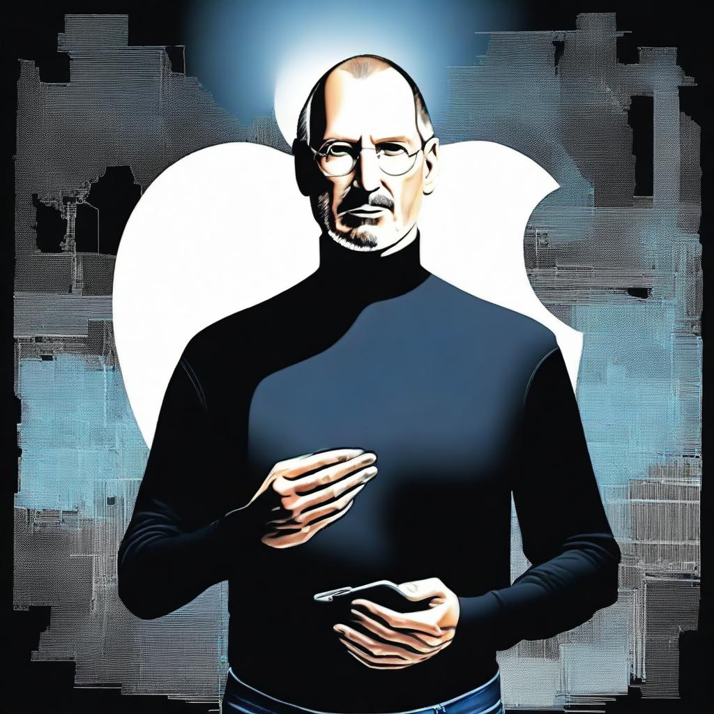 An artistic representation of Steve Jobs making a triumphant return, standing confidently with his iconic black turtleneck and jeans, holding an iPhone