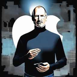 An artistic representation of Steve Jobs making a triumphant return, standing confidently with his iconic black turtleneck and jeans, holding an iPhone