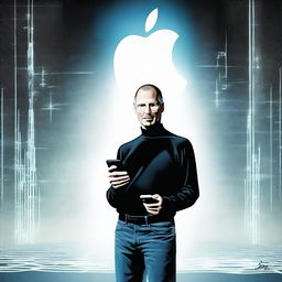 An artistic representation of Steve Jobs making a triumphant return, standing confidently with his iconic black turtleneck and jeans, holding an iPhone