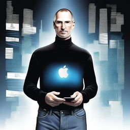 An artistic representation of Steve Jobs making a triumphant return, standing confidently with his iconic black turtleneck and jeans, holding an iPhone