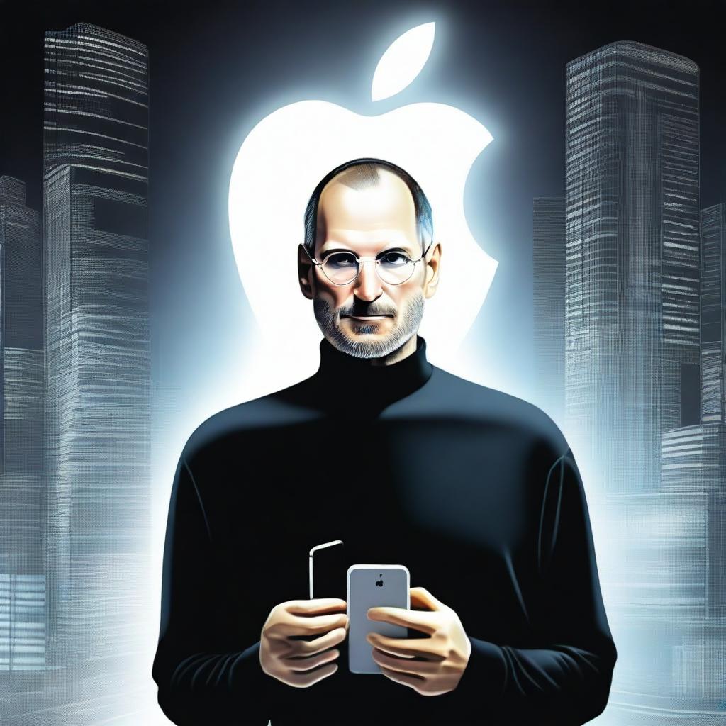 An artistic representation of Steve Jobs making a triumphant return, standing confidently with his iconic black turtleneck and jeans, holding an iPhone