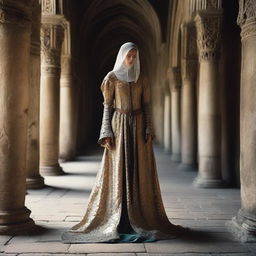 Un clérigo vestido con ropa tradicional religiosa, sosteniendo una escopeta en un entorno medieval