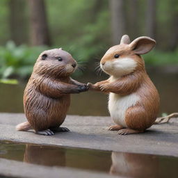 A tender scene depicting a beaver and a bunny holding hands, expressing a deep friendship between them. Their features are striking, making the scene heartwarming and endearing.