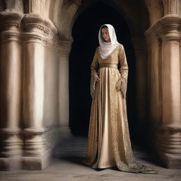 Un clérigo vestido con ropa tradicional religiosa, sosteniendo una escopeta en un entorno medieval