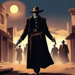 A dynamic and intense scene featuring a gunslinger priest, dressed in traditional clerical robes but armed with two revolvers