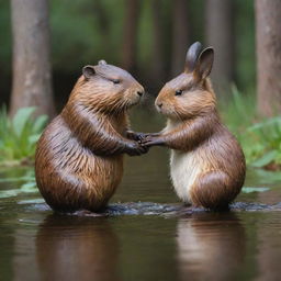 A tender scene depicting a beaver and a bunny holding hands, expressing a deep friendship between them. Their features are striking, making the scene heartwarming and endearing.