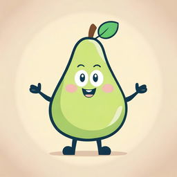 A whimsical illustration of a pear with a human-like body, featuring arms, legs, and a friendly face