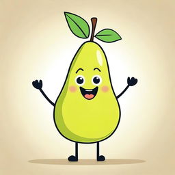 A whimsical illustration of a pear with a human-like body, featuring arms, legs, and a friendly face