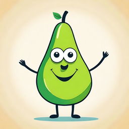 A whimsical illustration of a pear with a human-like body, featuring arms, legs, and a friendly face