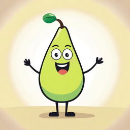 A whimsical illustration of a pear with a human-like body, featuring arms, legs, and a friendly face