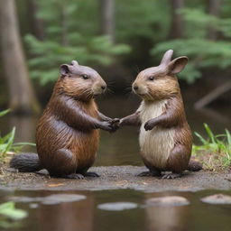 A tender scene depicting a beaver and a bunny holding hands, expressing a deep friendship between them. Their features are striking, making the scene heartwarming and endearing.