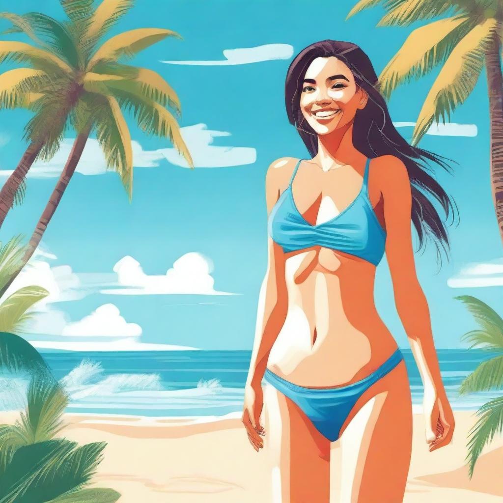 A detailed illustration of a person wearing a bikini on a sunny beach