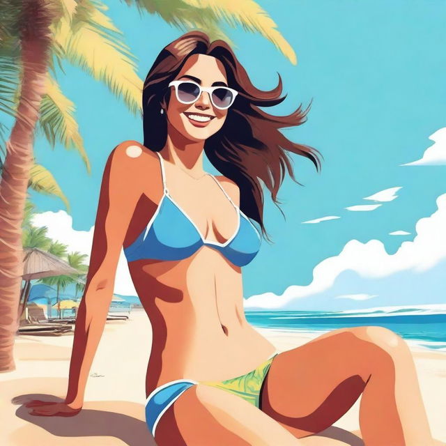 A detailed illustration of a person wearing a bikini on a sunny beach