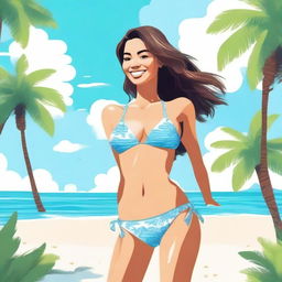 A detailed illustration of a person wearing a bikini on a sunny beach