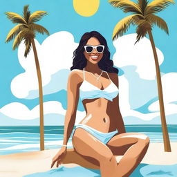 A detailed illustration of a person wearing a bikini on a sunny beach