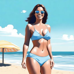 A realistic depiction of a woman wearing a bikini, standing on a sunny beach with clear blue skies and gentle waves in the background