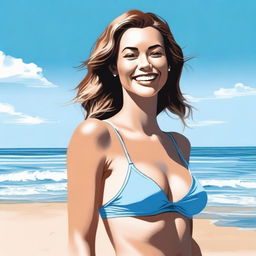 A realistic depiction of a woman wearing a bikini, standing on a sunny beach with clear blue skies and gentle waves in the background