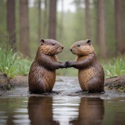 A tender scene depicting a beaver and a bunny holding hands, expressing a deep friendship between them. Their features are striking, making the scene heartwarming and endearing.