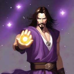 A white-skinned sorcerer with long brown hair and a thin brown goatee