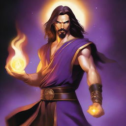 A white-skinned sorcerer with long brown hair and a thin brown goatee