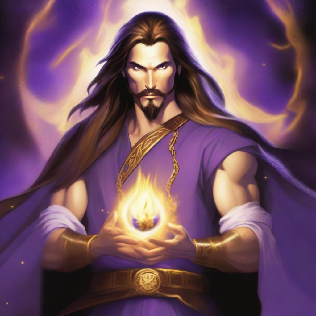 A white-skinned sorcerer with long brown hair and a thin brown goatee