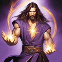 A white-skinned sorcerer with long brown hair and a thin brown goatee