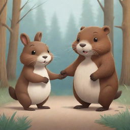 A heartwarming cartoon illustration of a beaver and a bunny holding hands, symbolizing their strong bond of friendship. Their expressions are joyous and content, crafting a poignant and beautiful moment.