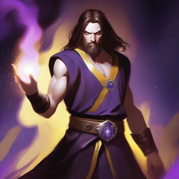 A white-skinned sorcerer with long brown hair and a thin brown ducktail beard