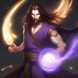 A white-skinned sorcerer with long brown hair and a thin brown ducktail beard