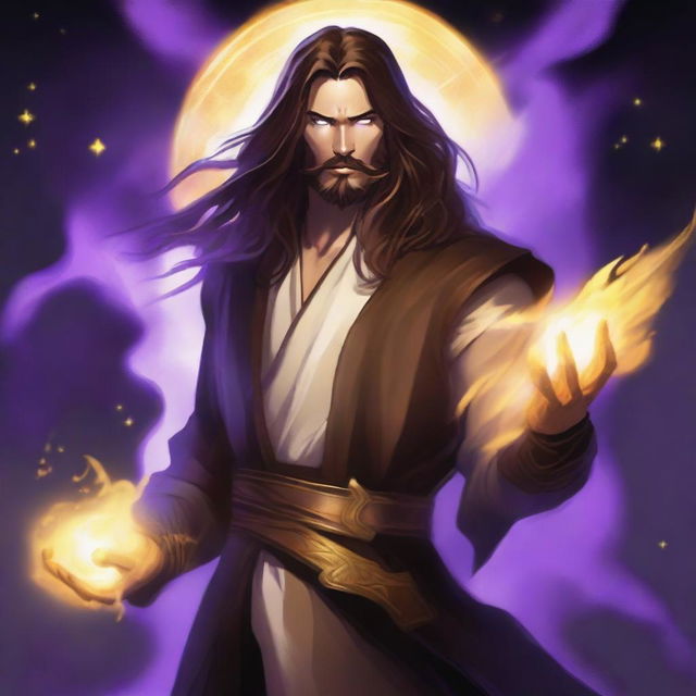 A white-skinned sorcerer with long brown hair and a thin brown ducktail beard