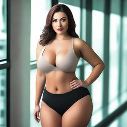 A beautiful woman with large breasts and a big butt, wearing tight clothing