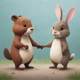 A heartwarming cartoon illustration of a beaver and a bunny holding hands, symbolizing their strong bond of friendship. Their expressions are joyous and content, crafting a poignant and beautiful moment.