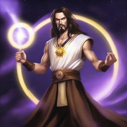 A white-skinned sorcerer with long brown hair and a thin brown goatee