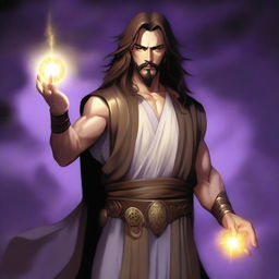 A white-skinned sorcerer with long brown hair and a thin brown goatee