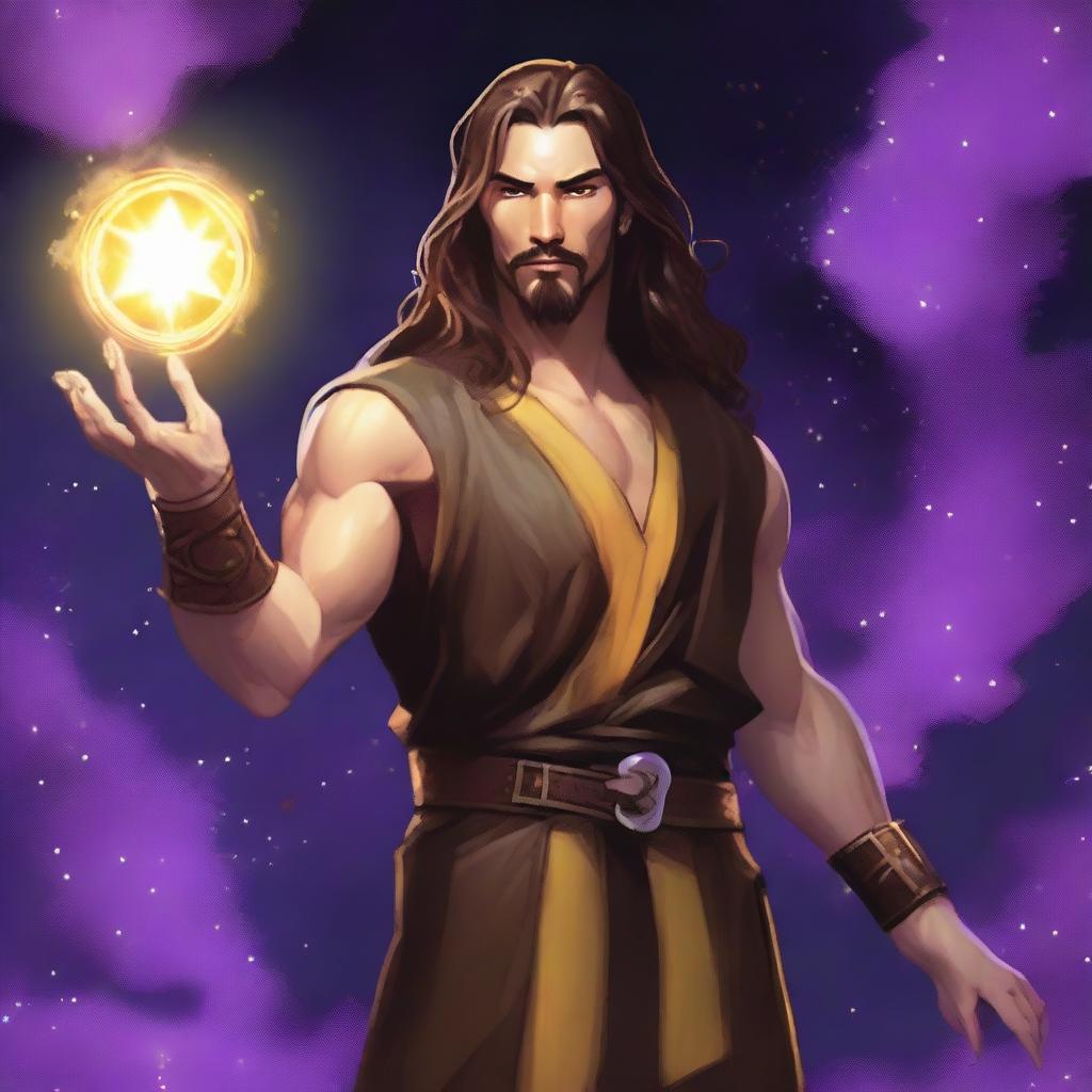 A white-skinned sorcerer with long brown hair and a thin brown goatee