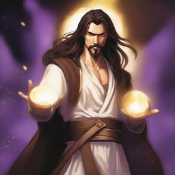 A white-skinned sorcerer with long brown hair and a thin brown goatee