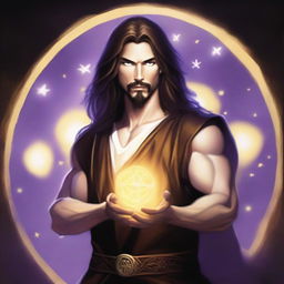 A white-skinned sorcerer with long brown hair and a thin brown goatee