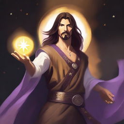 A white-skinned sorcerer with long brown hair and a thin brown goatee