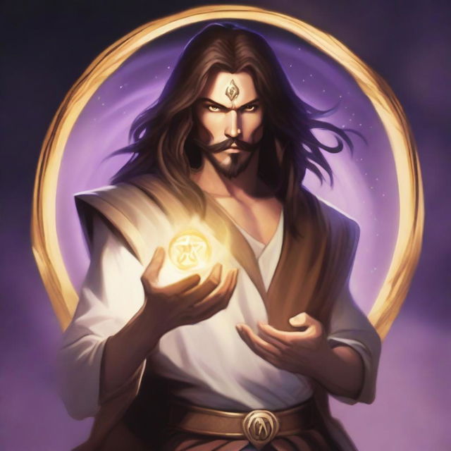 A white-skinned sorcerer with long brown hair and a thin brown goatee