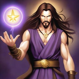 A white-skinned sorcerer with long brown hair and a thin brown goatee