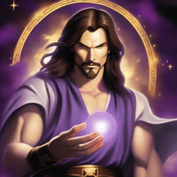 A white-skinned sorcerer with long brown hair and a thin brown goatee