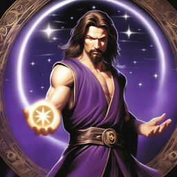 A white-skinned sorcerer with long brown hair and a thin brown goatee