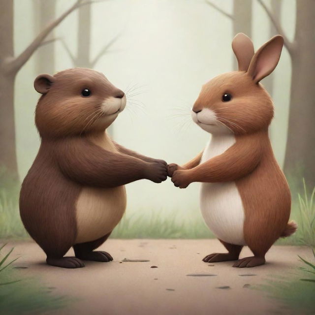 A heartwarming cartoon illustration of a beaver and a bunny holding hands, symbolizing their strong bond of friendship. Their expressions are joyous and content, crafting a poignant and beautiful moment.